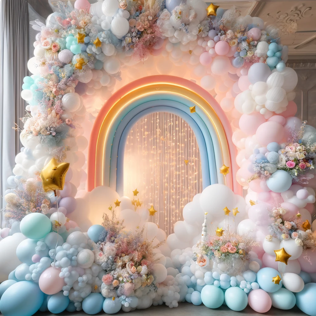 DALL·E 2024-06-10 17.14.03 - A beautifully decorated party scene with a dreamy pastel theme focusing on detailed balloon decorations. The background features a large arch made of